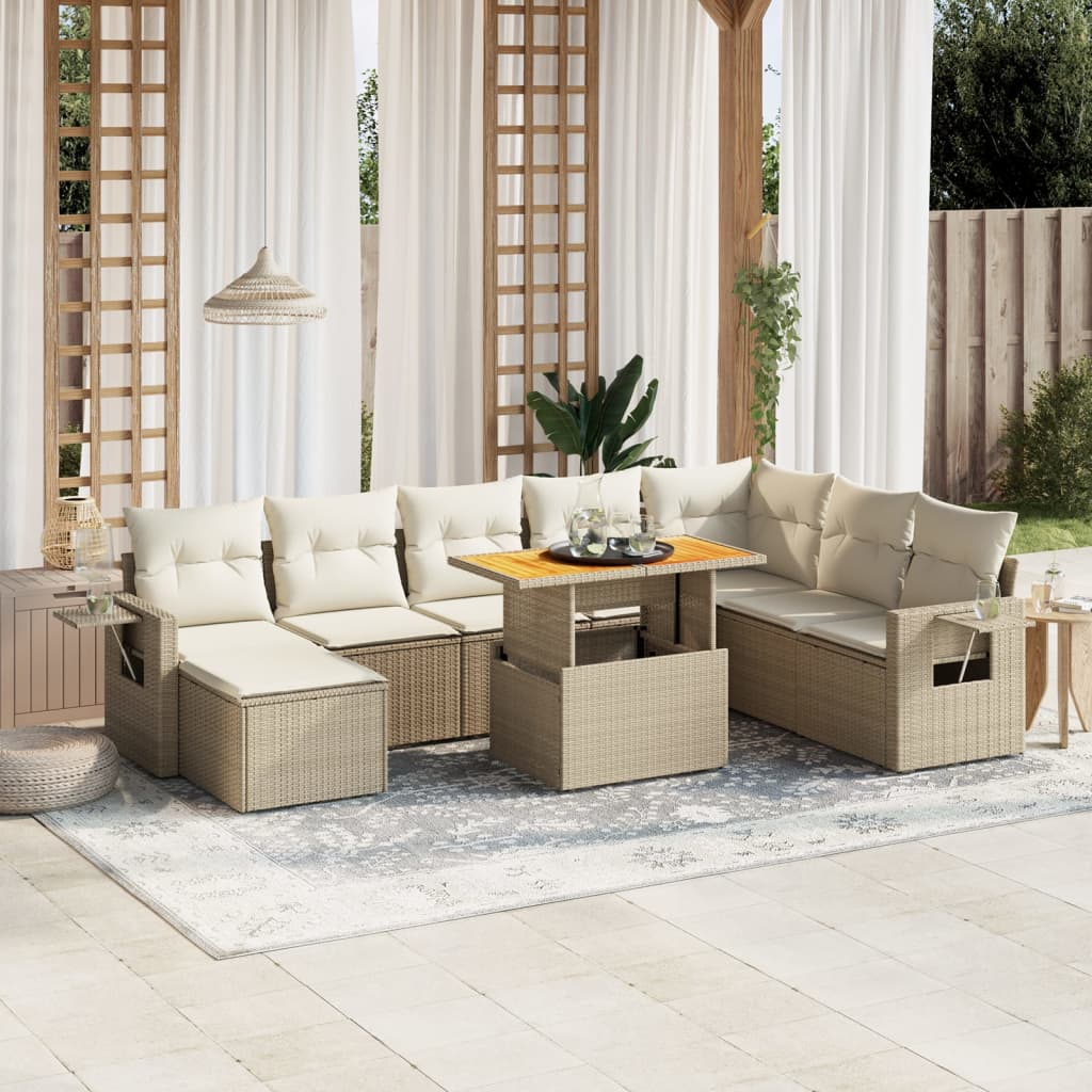 Vetonek Set de sofás de jardín 9 pzas con cojines ratán sintético beige