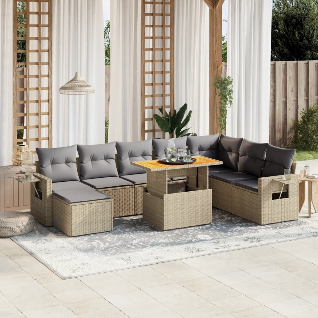 Vetonek Set de sofás de jardín 9 pzas con cojines ratán sintético beige