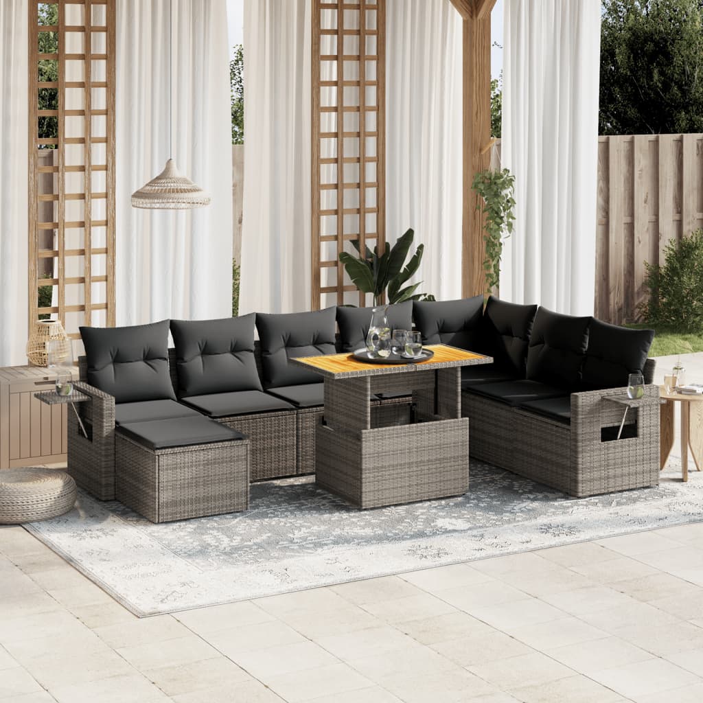 Vetonek Set de muebles de jardín 9 pzas y cojines ratán sintético gris