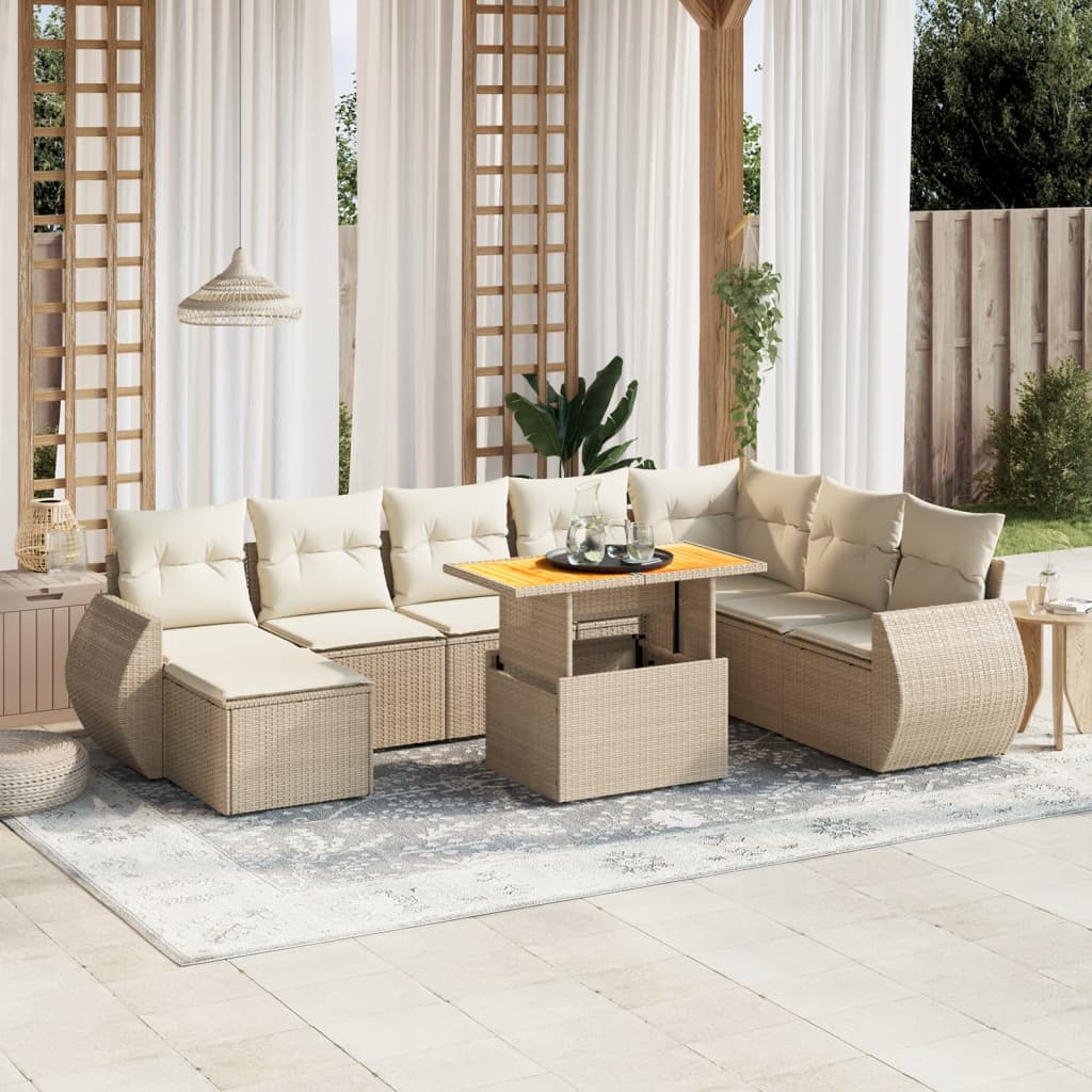 Vetonek Set de sofás de jardín 9 pzas con cojines ratán sintético beige