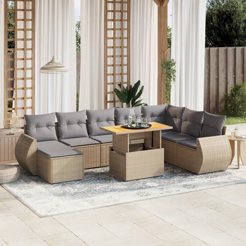 Vetonek Set de sofás de jardín 9 pzas con cojines ratán sintético beige