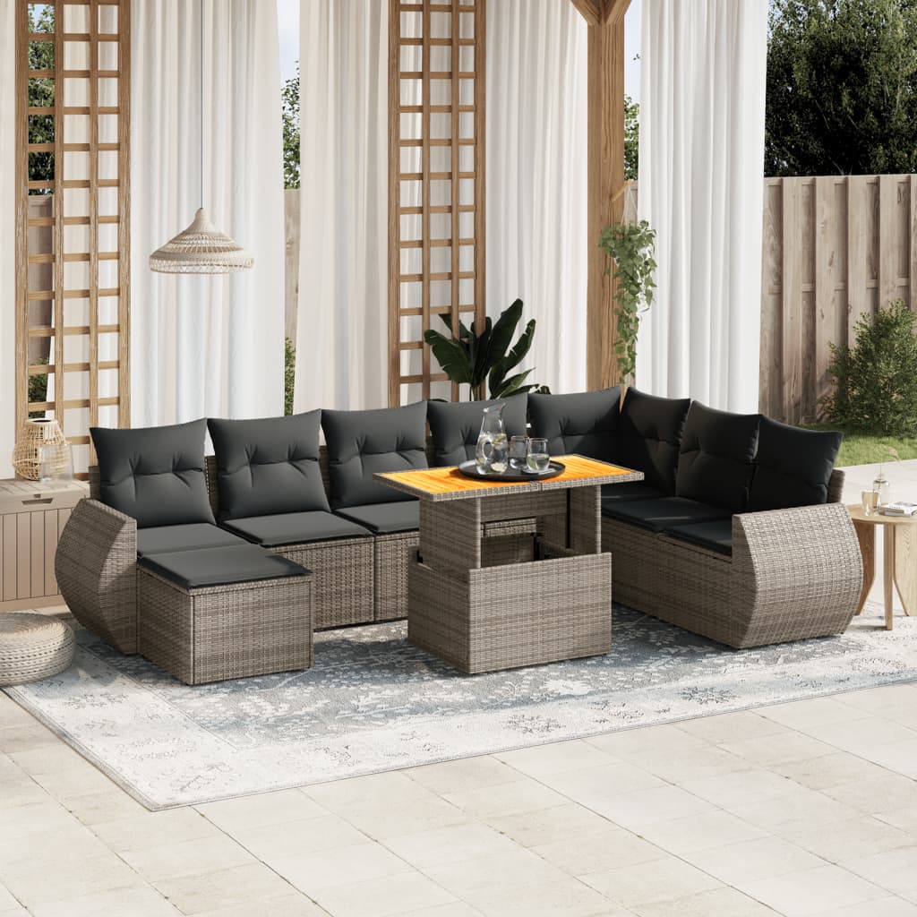 Vetonek Set de muebles de jardín 9 pzas y cojines ratán sintético gris