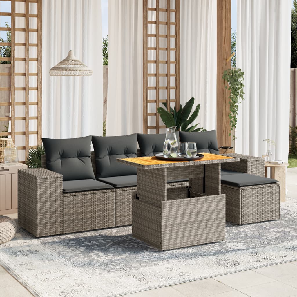 Vetonek Set de muebles de jardín 6 pzas y cojines ratán sintético gris