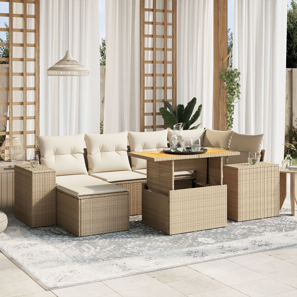 Vetonek Set sofás de jardín 7 piezas y cojines ratán sintético beige