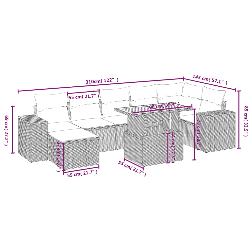 Garden Sofas Set 8 pcs and Gray synthetic rattan cushions v37