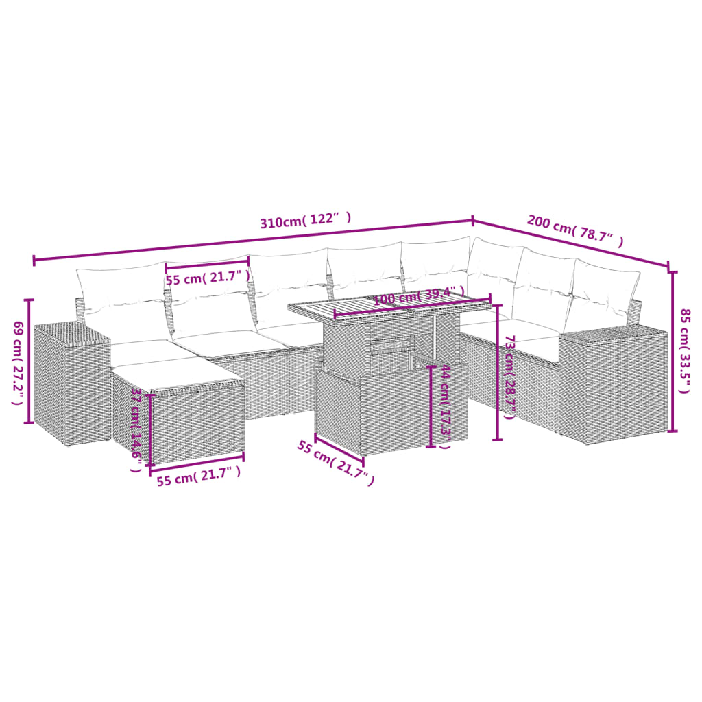 Sofás de jardim Conjunto de 8 peças e almofadas de vime sintética preta V61