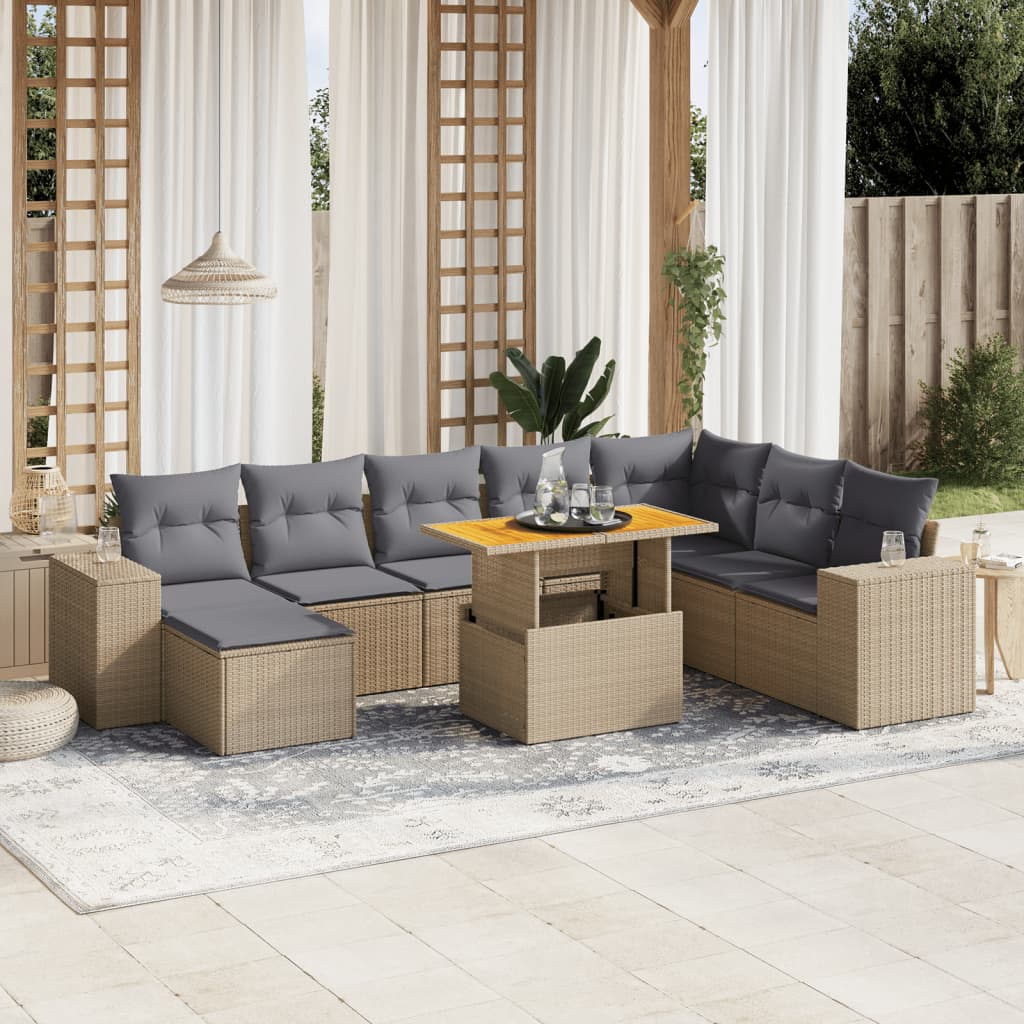 Vetonek Set de sofás de jardín 9 pzas con cojines ratán sintético beige