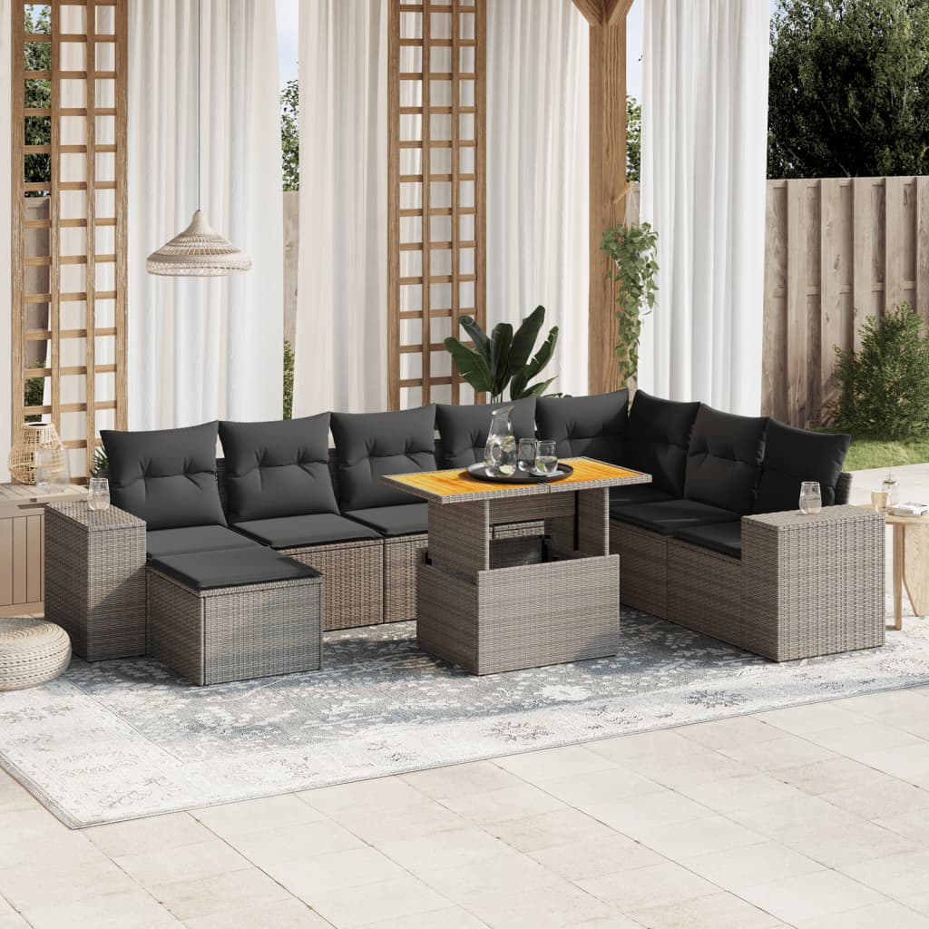 Vetonek Set de muebles de jardín 9 pzas y cojines ratán sintético gris