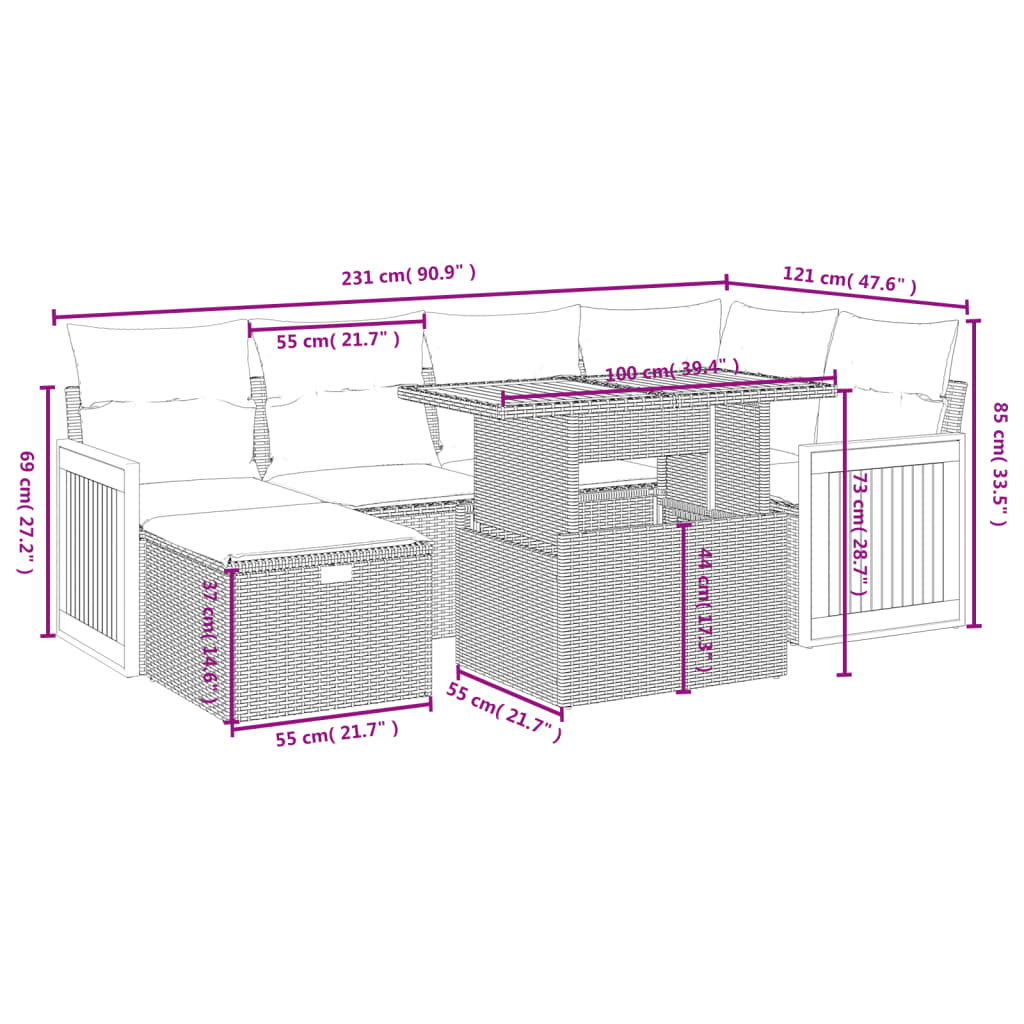 Set de comedor de jardín 7 pzas y cojines ratán sintético negro V47