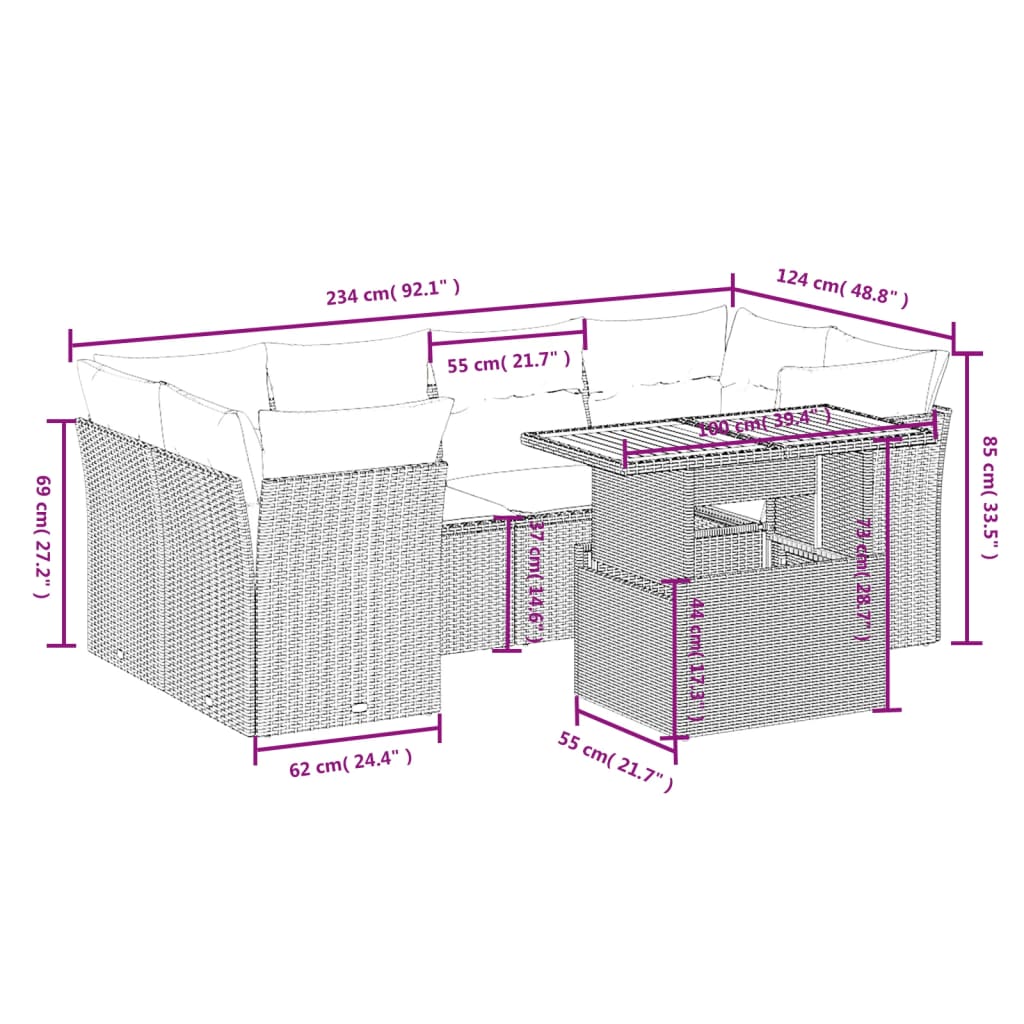 Set de comedor de jardín 7 pzas y cojines ratán sintético negro