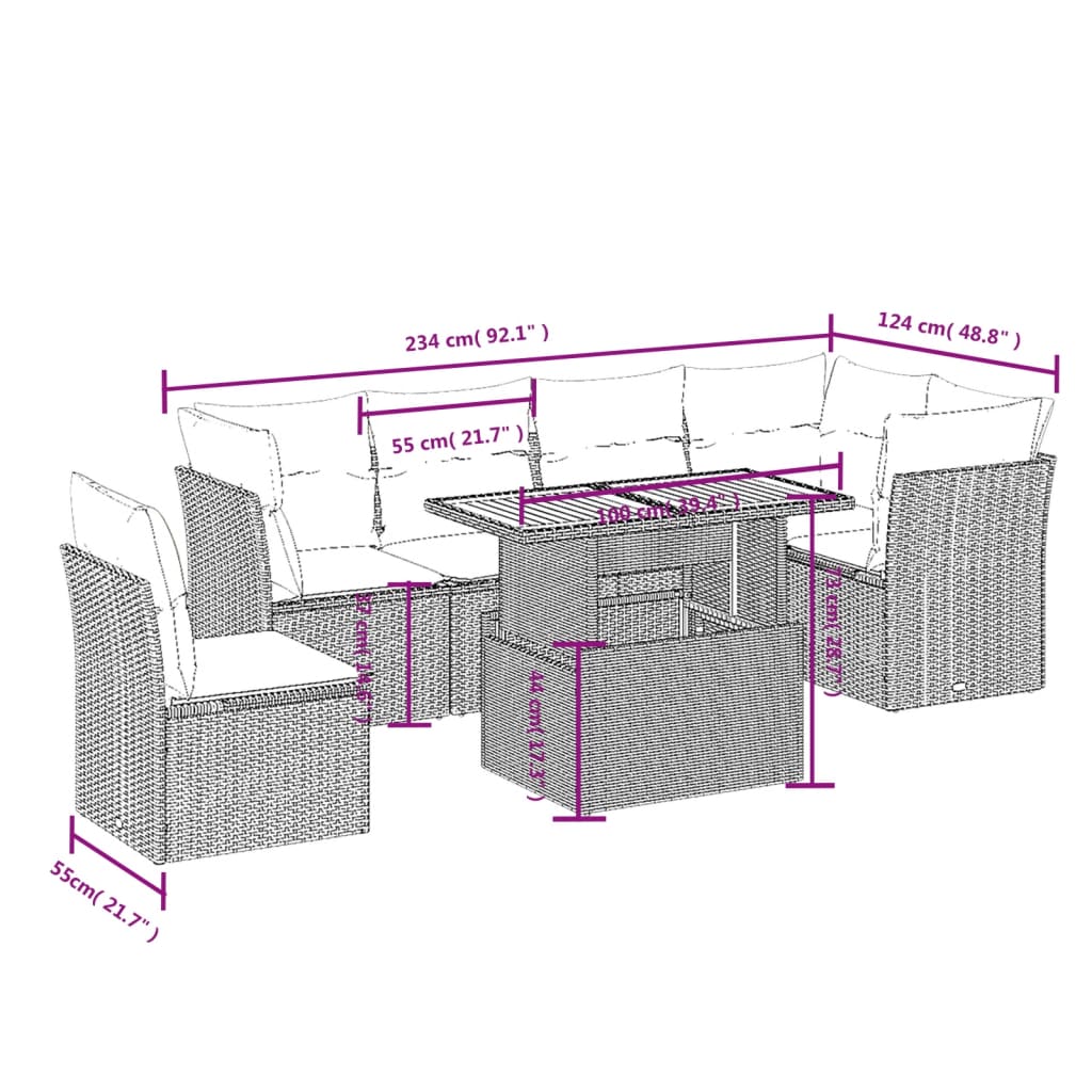 Set de comedor de jardín 7 pzas y cojines ratán sintético negro - Vetonek