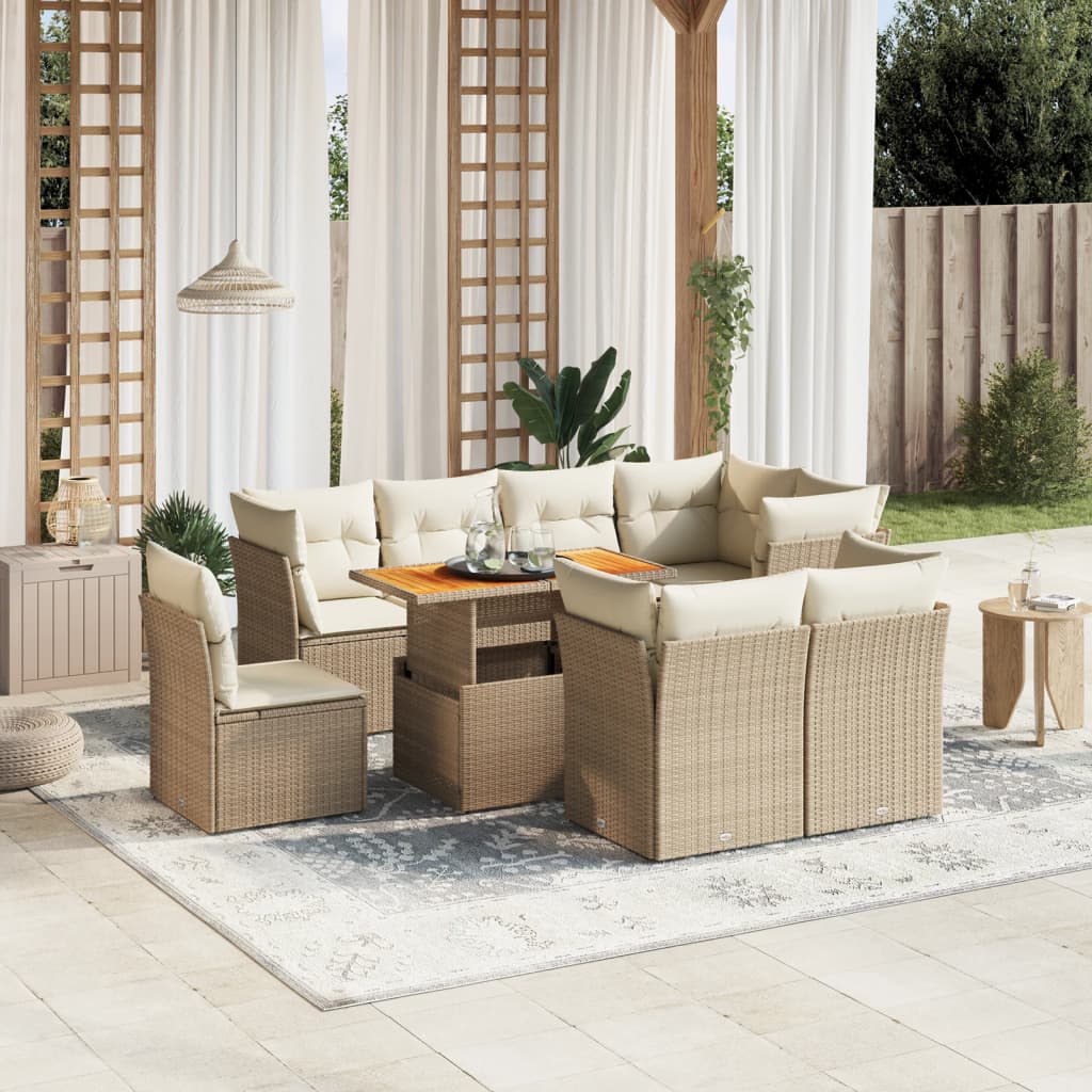 Vetonek Set de sofás de jardín 9 pzas con cojines ratán sintético beige