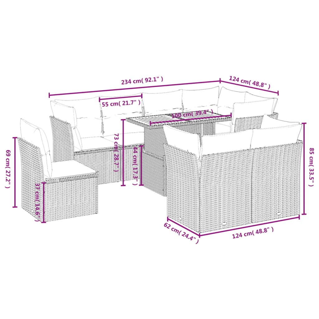 Sofás de jardim Conjunto de 9 PCs com almofadas sintéticas bege