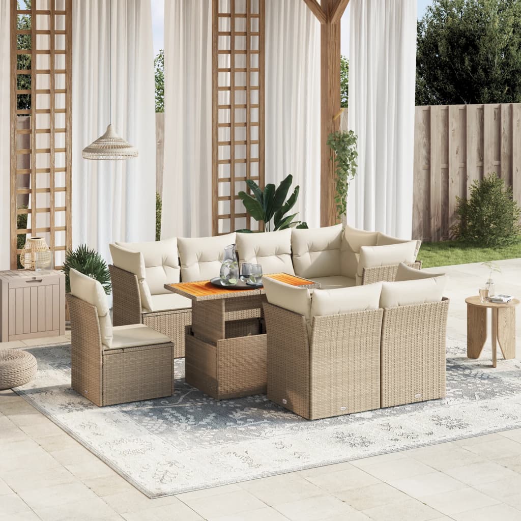 Vetonek Set de sofás de jardín 9 pzas con cojines ratán sintético beige