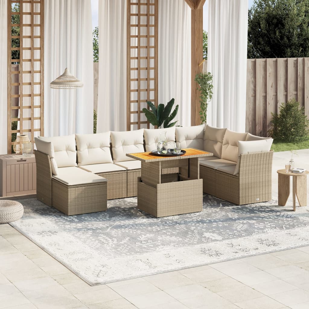 Set de sofás de jardín 9 pzas con cojines ratán sintético beige