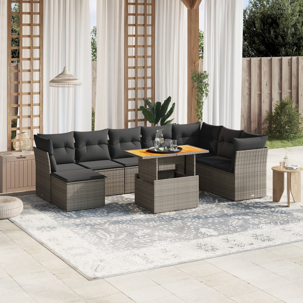 Vetonek Set de muebles de jardín 9 pzas y cojines ratán sintético gris