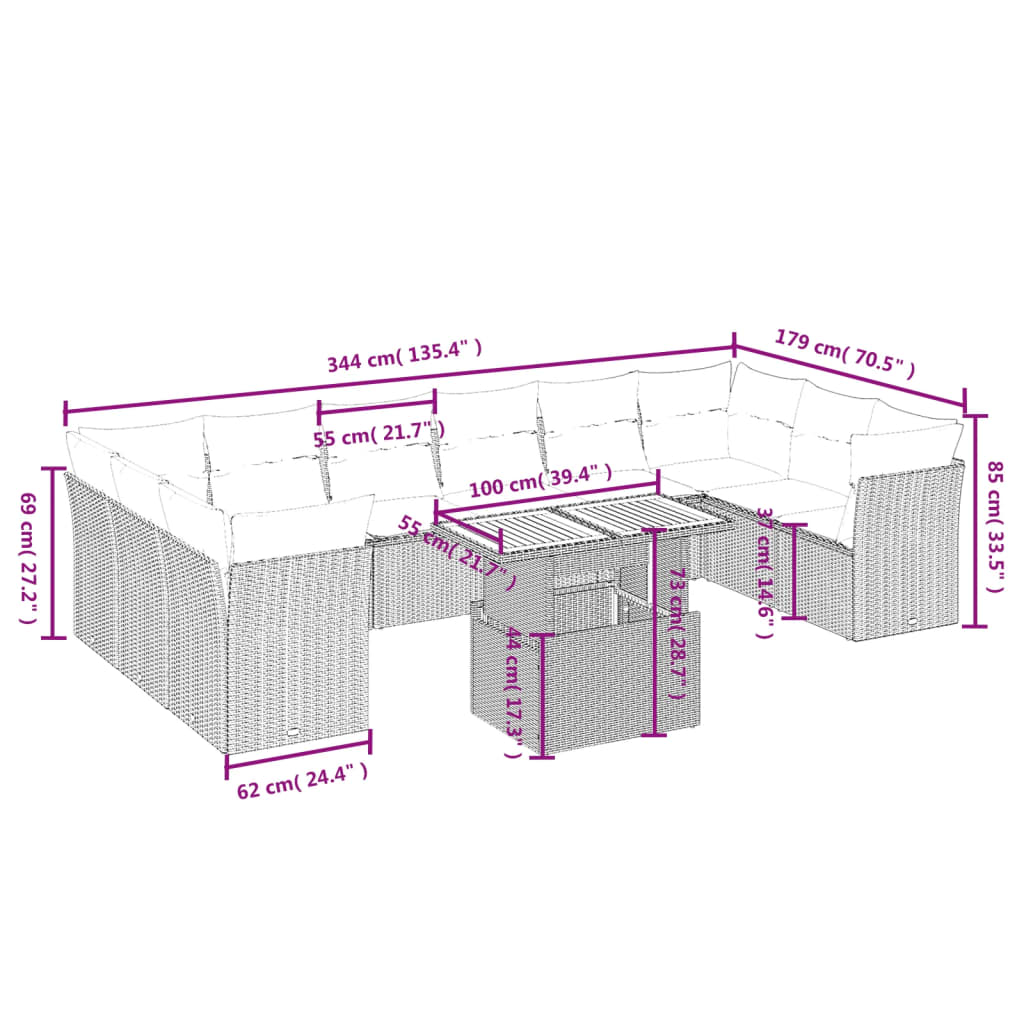 Sofás de jardim Conjunto de 11 PCs e Almofadas Cinzentas de Rattan Sintética