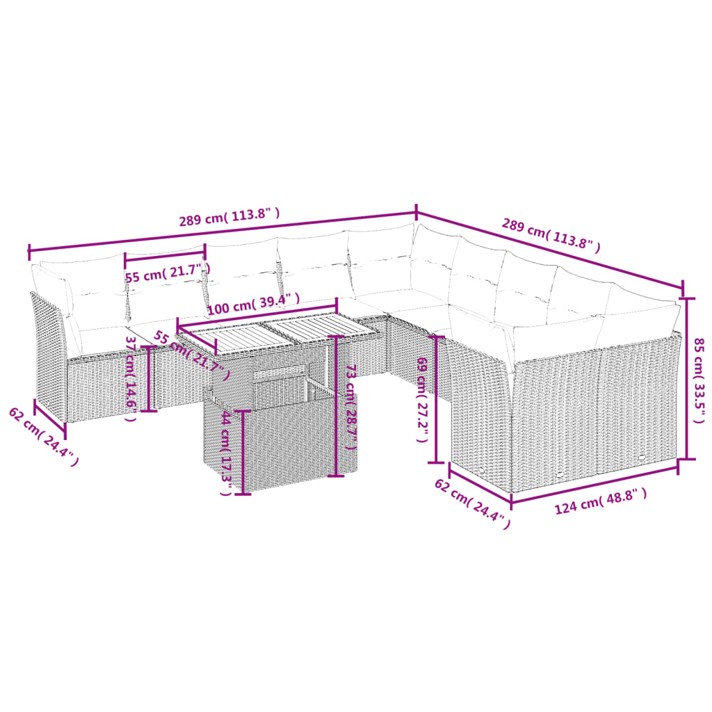 Gartensofas set 11 Stcs und graue synthetische Rattan -Kissen