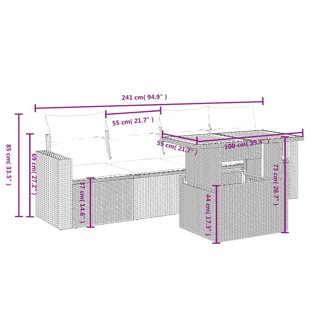 Set de muebles de jardín 5 pzas y cojines ratán sintético negro - Vetonek