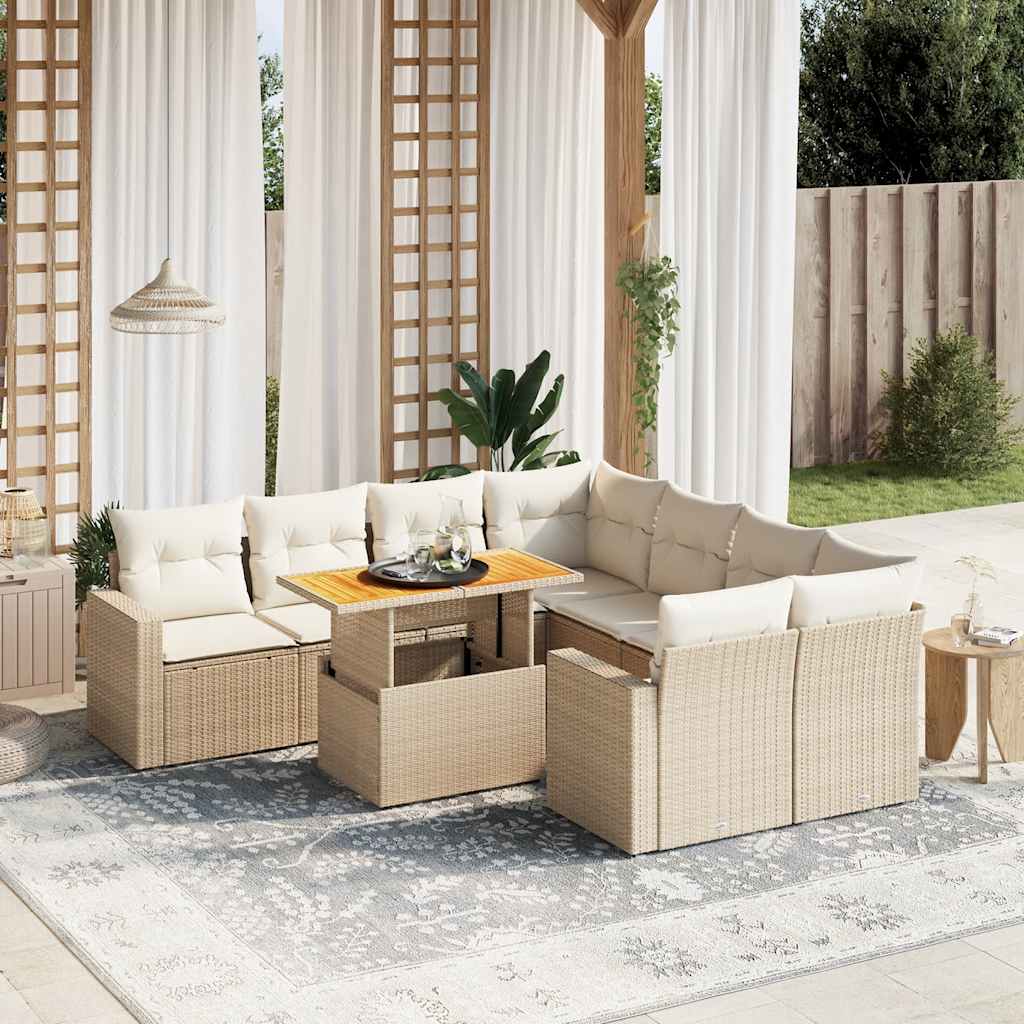 Vetonek Set de sofás de jardín 9 pzas con cojines ratán sintético beige