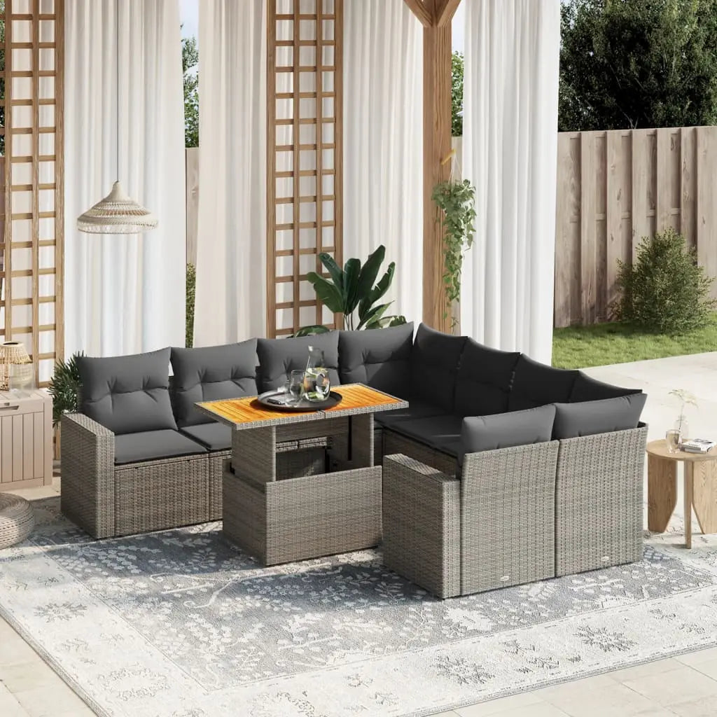 Vetonek Set de muebles de jardín 9 pzas y cojines ratán sintético gris