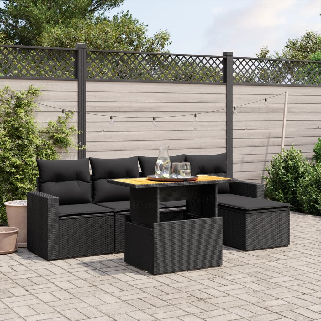 Garden Sofas Set 6 pieces and black synthetic rattan cushions