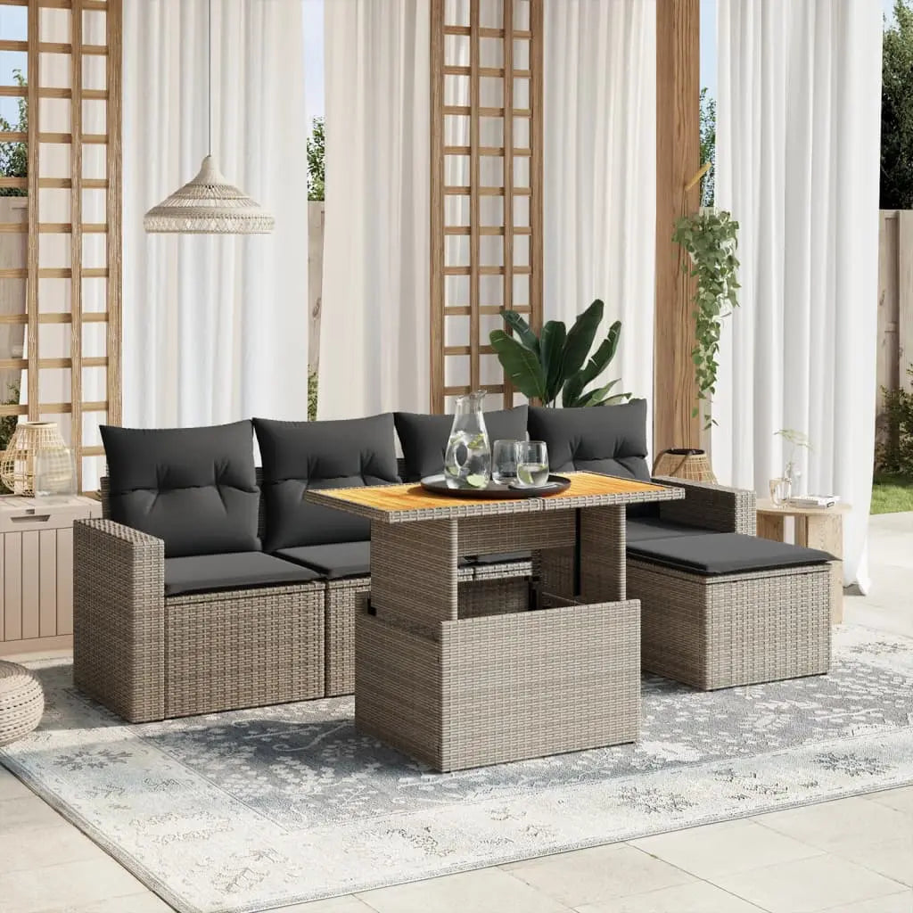 Vetonek Set de muebles de jardín 6 pzas y cojines ratán sintético gris