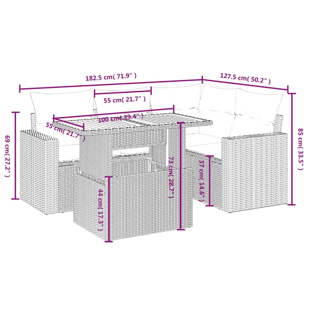 Conjunto de móveis de jardim 5 PCs e almofadas sintéticas pretas