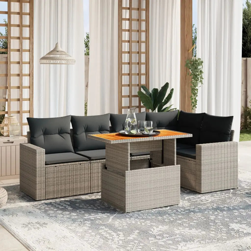 Vetonek Set de muebles de jardín 6 pzas y cojines ratán sintético gris