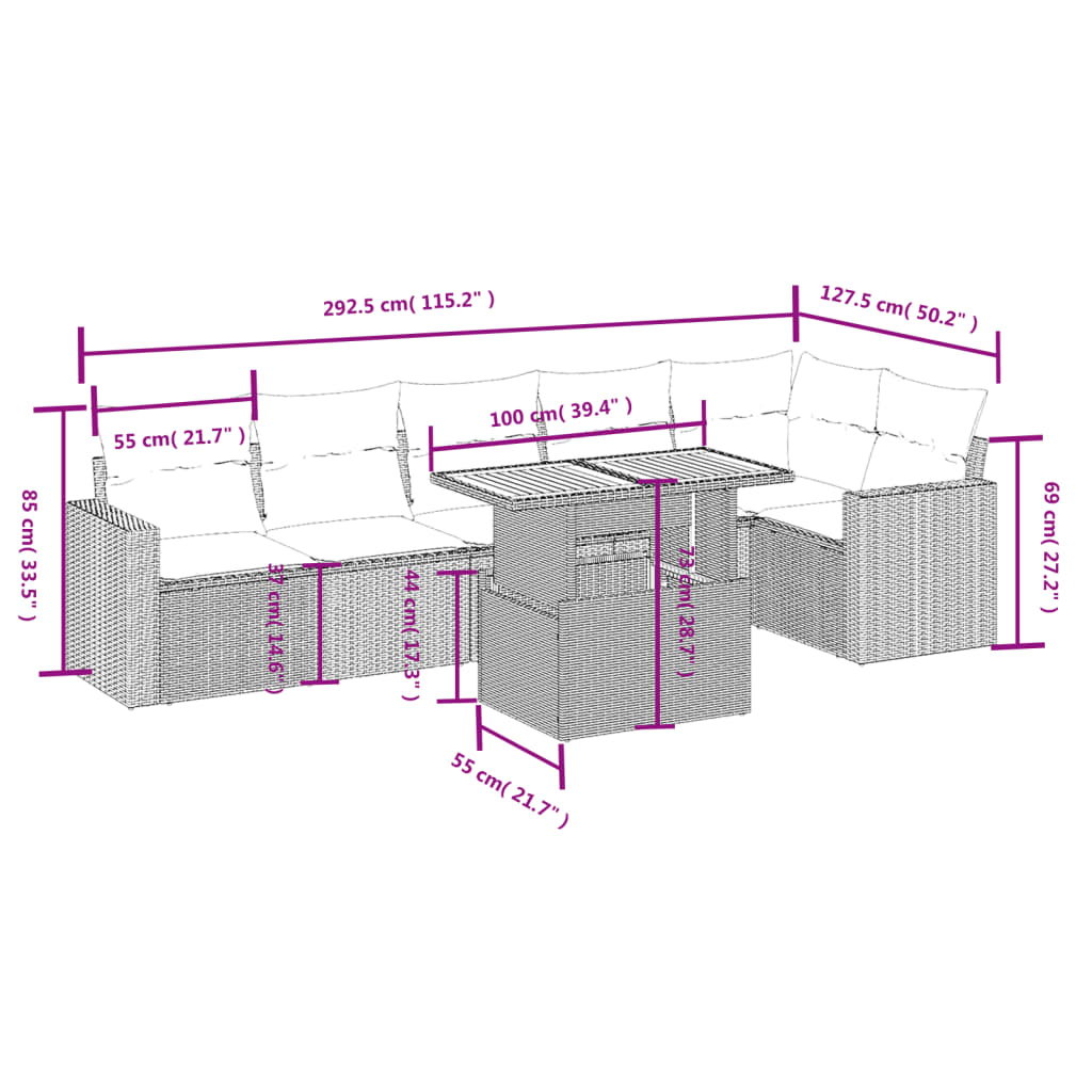 Set de comedor de jardín 7 pzas y cojines ratán sintético negro - Vetonek