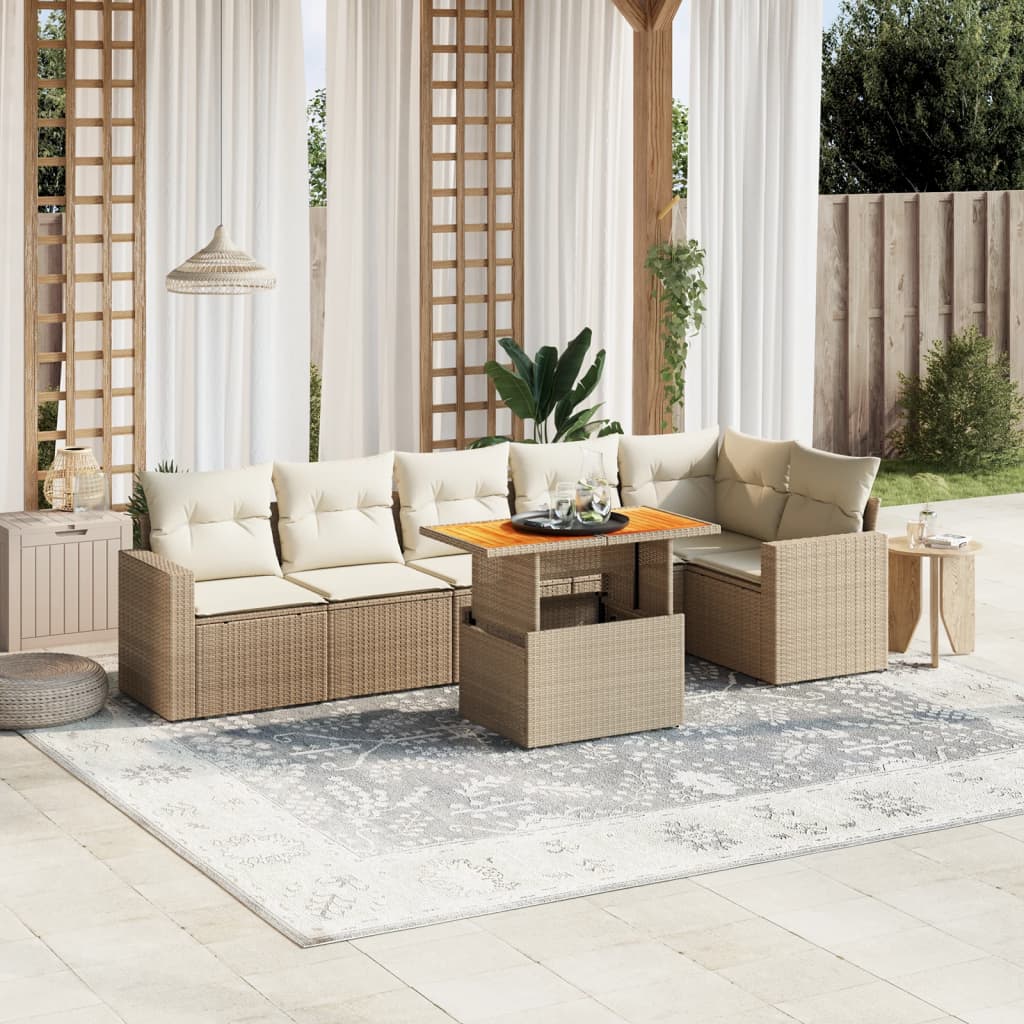 Set sofás de jardín 7 piezas y cojines ratán sintético beige