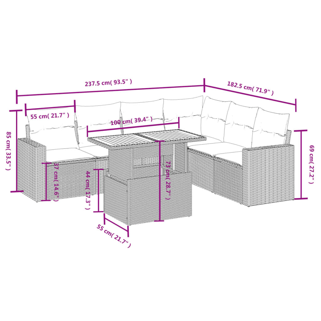 Set de comedor de jardín 7 pzas y cojines ratán sintético negro - Vetonek