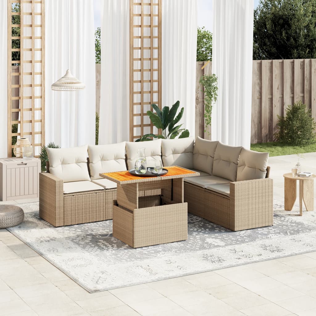 Set sofás de jardín 7 piezas y cojines ratán sintético beige