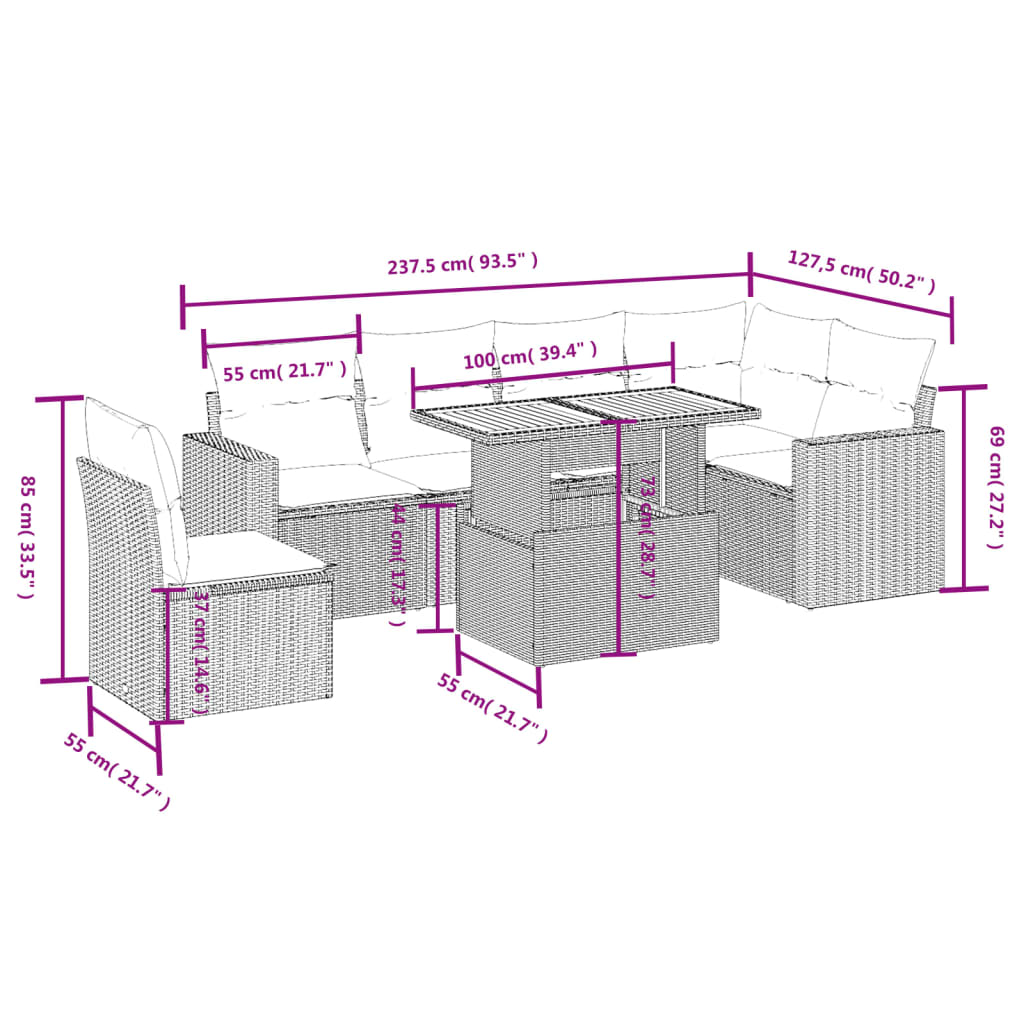 Garden dining set 7 pcs and black synthetic rattan cushions