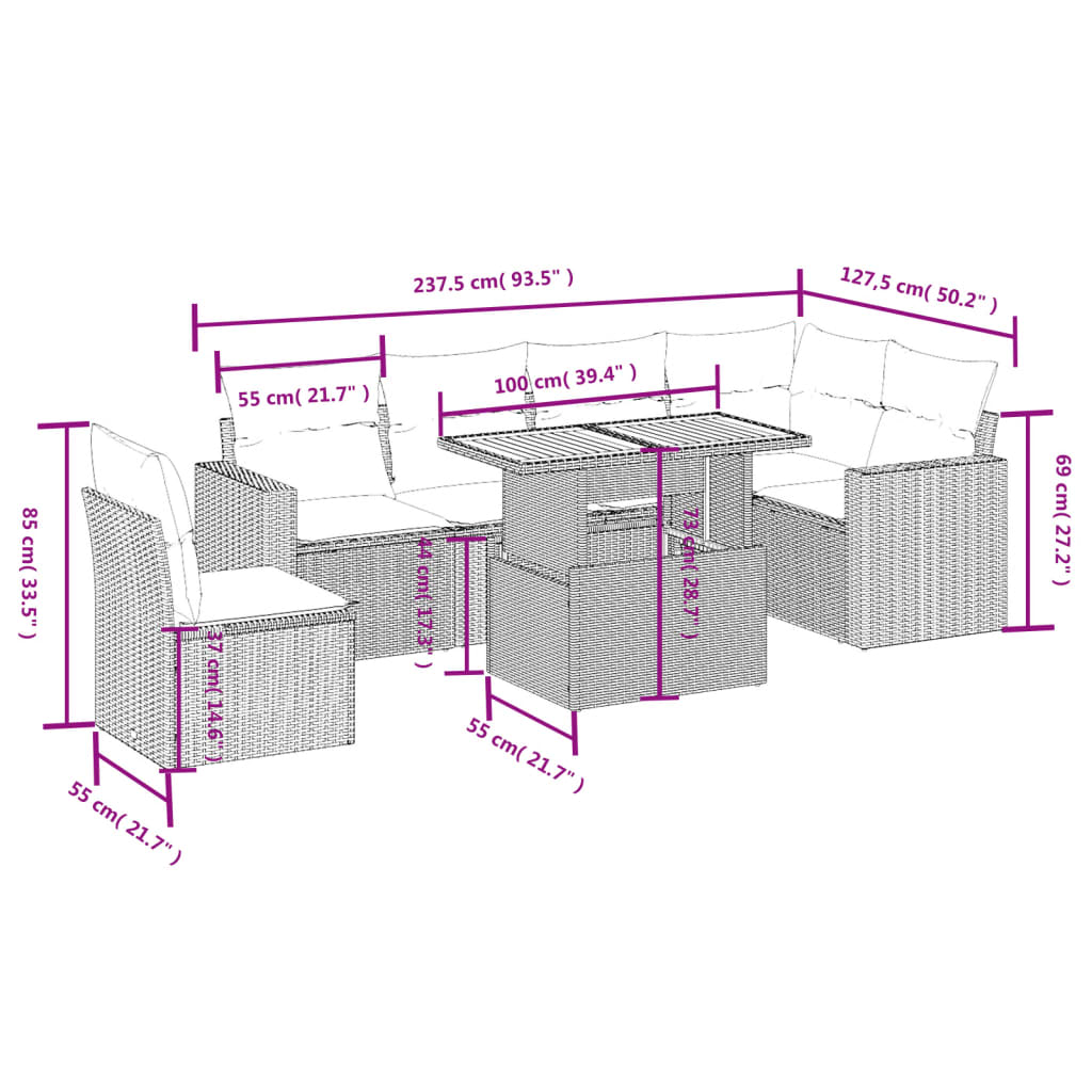 Set de comedor de jardín 7 pzas y cojines ratán sintético negro - Vetonek