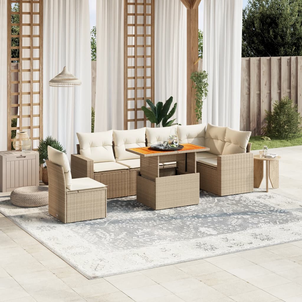 Set sofás de jardín 7 piezas y cojines ratán sintético beige