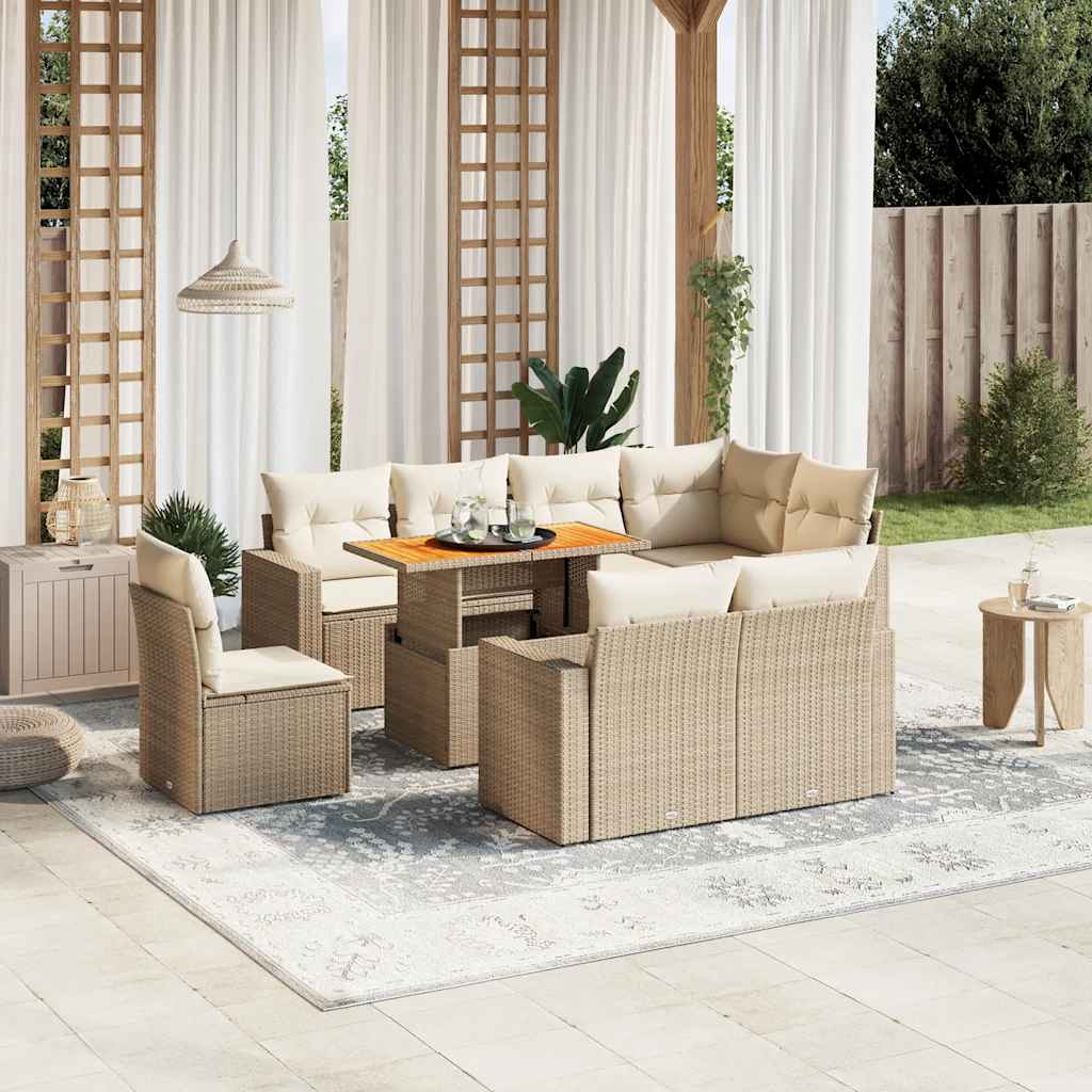 Vetonek Set de sofás de jardín 9 pzas con cojines ratán sintético beige