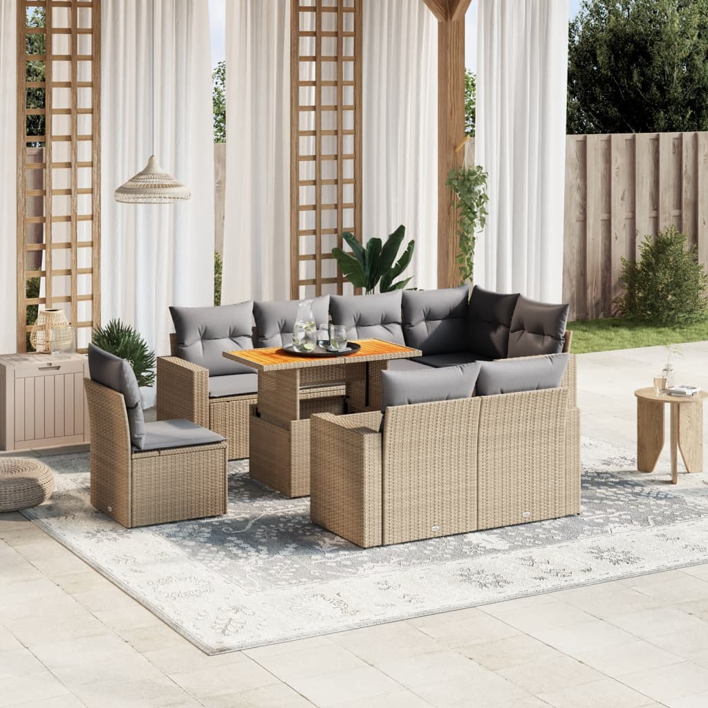 Vetonek Set de sofás de jardín 9 pzas con cojines ratán sintético beige