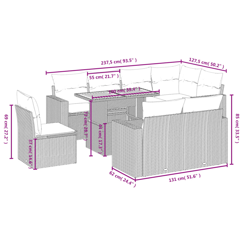 Set de muebles de jardín 9 pzas y cojines ratán sintético gris