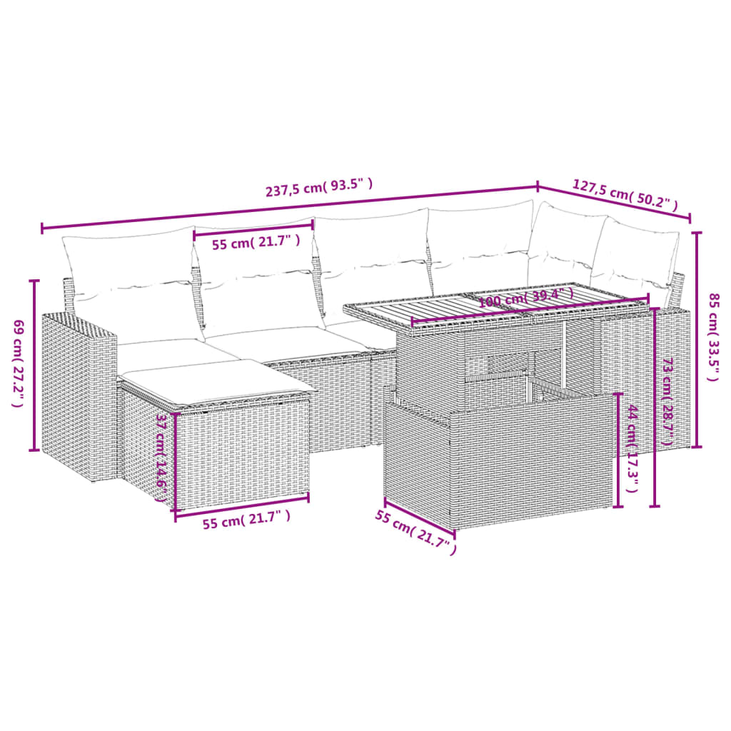 Set de comedor de jardín 7 pzas y cojines ratán sintético negro - Vetonek