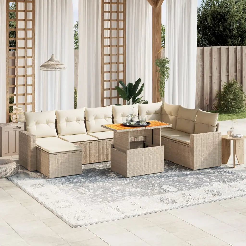 Vetonek Set de sofás de jardín 9 pzas con cojines ratán sintético beige