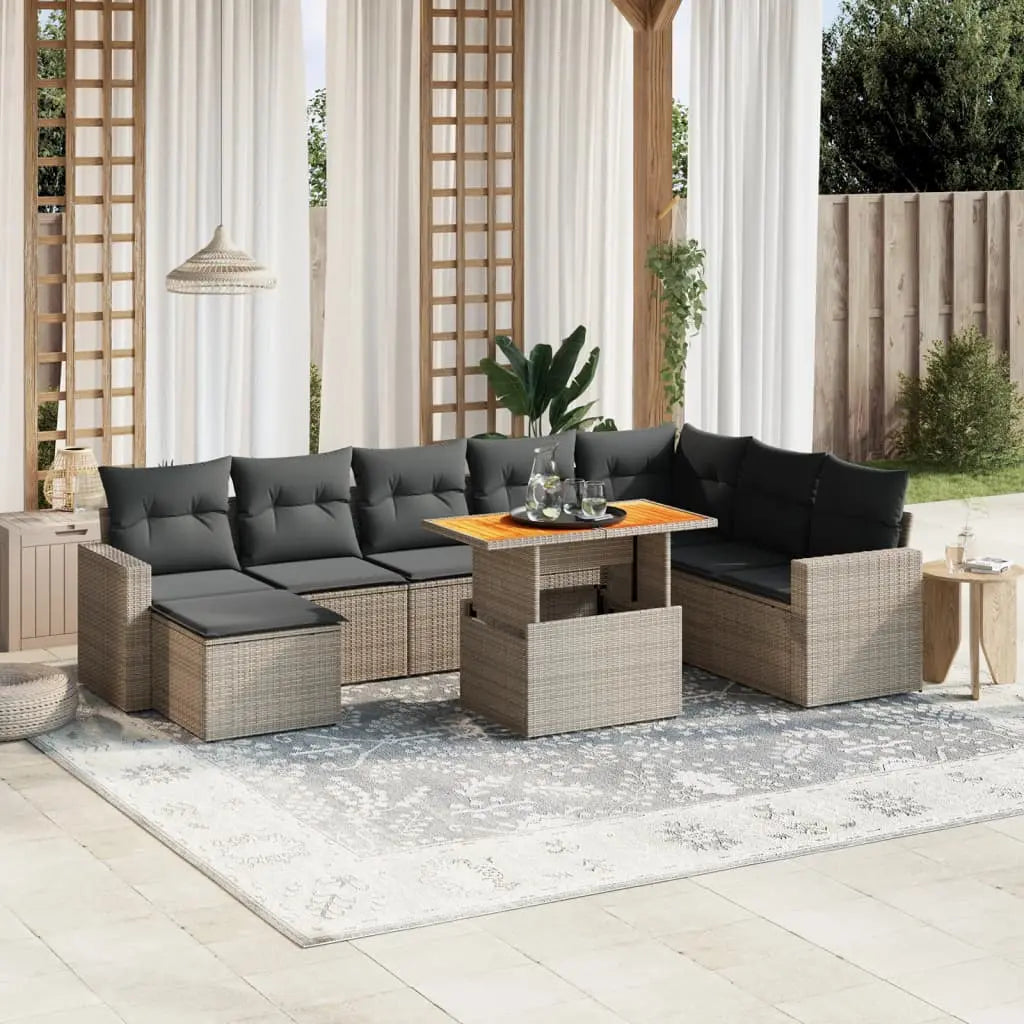 Vetonek Set de muebles de jardín 9 pzas y cojines ratán sintético gris