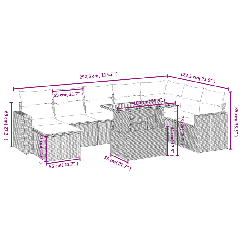 Set de muebles de jardín 9 pzas y cojines ratán sintético gris