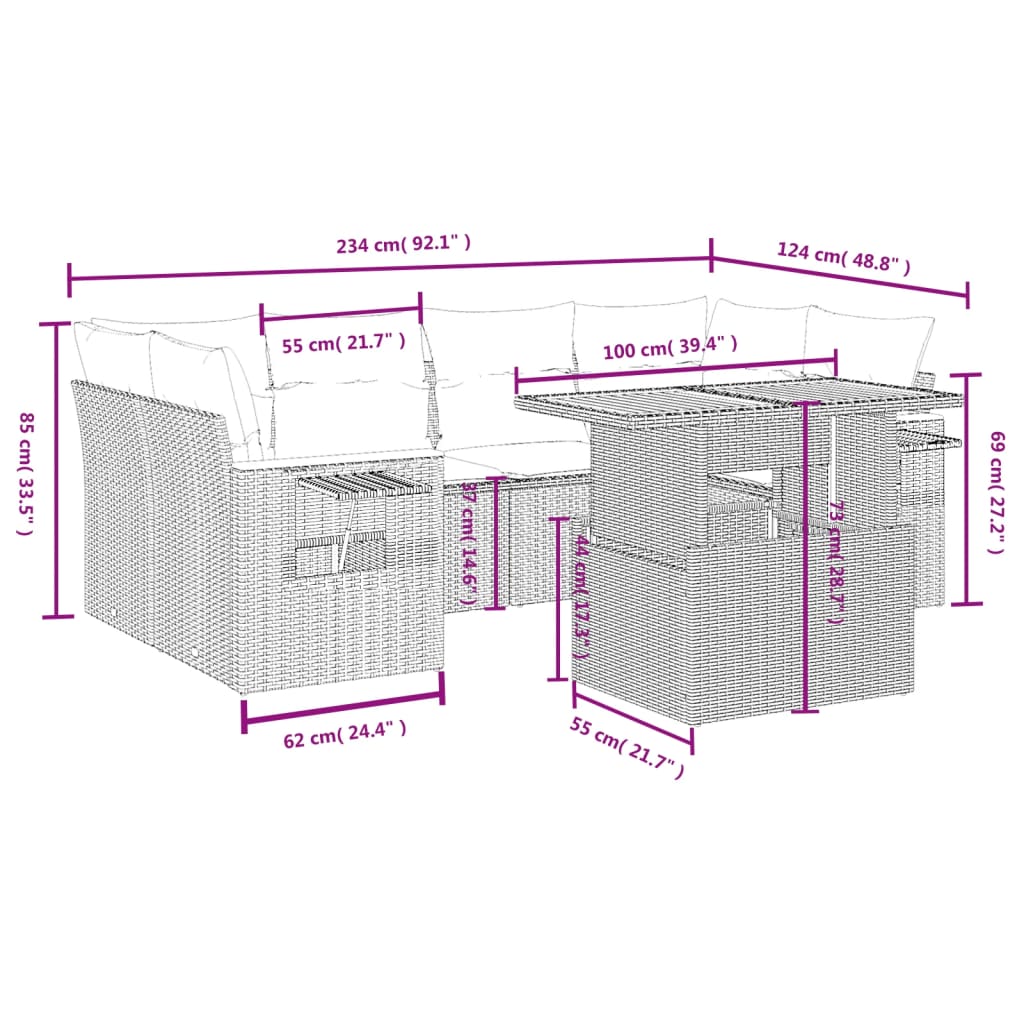 Set de comedor de jardín 7 pzas y cojines ratán sintético negro