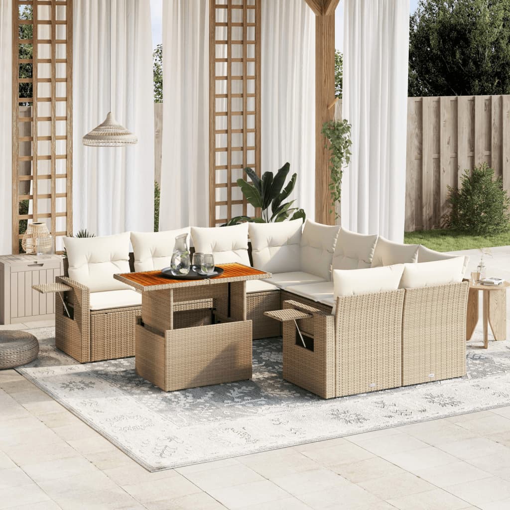 Vetonek Set de sofás de jardín con cojines 9 pzas ratán sintético beige