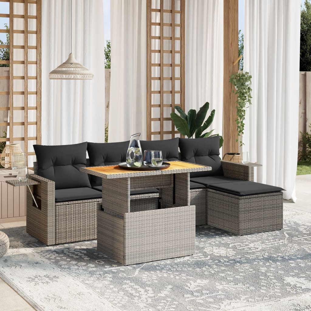 Vetonek Set de muebles de jardín 6 pzas y cojines ratán sintético gris