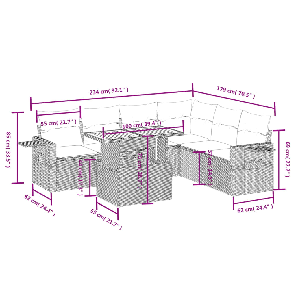 Sofás de jardim Conjunto de 7 peças com almofadas de vime cinza