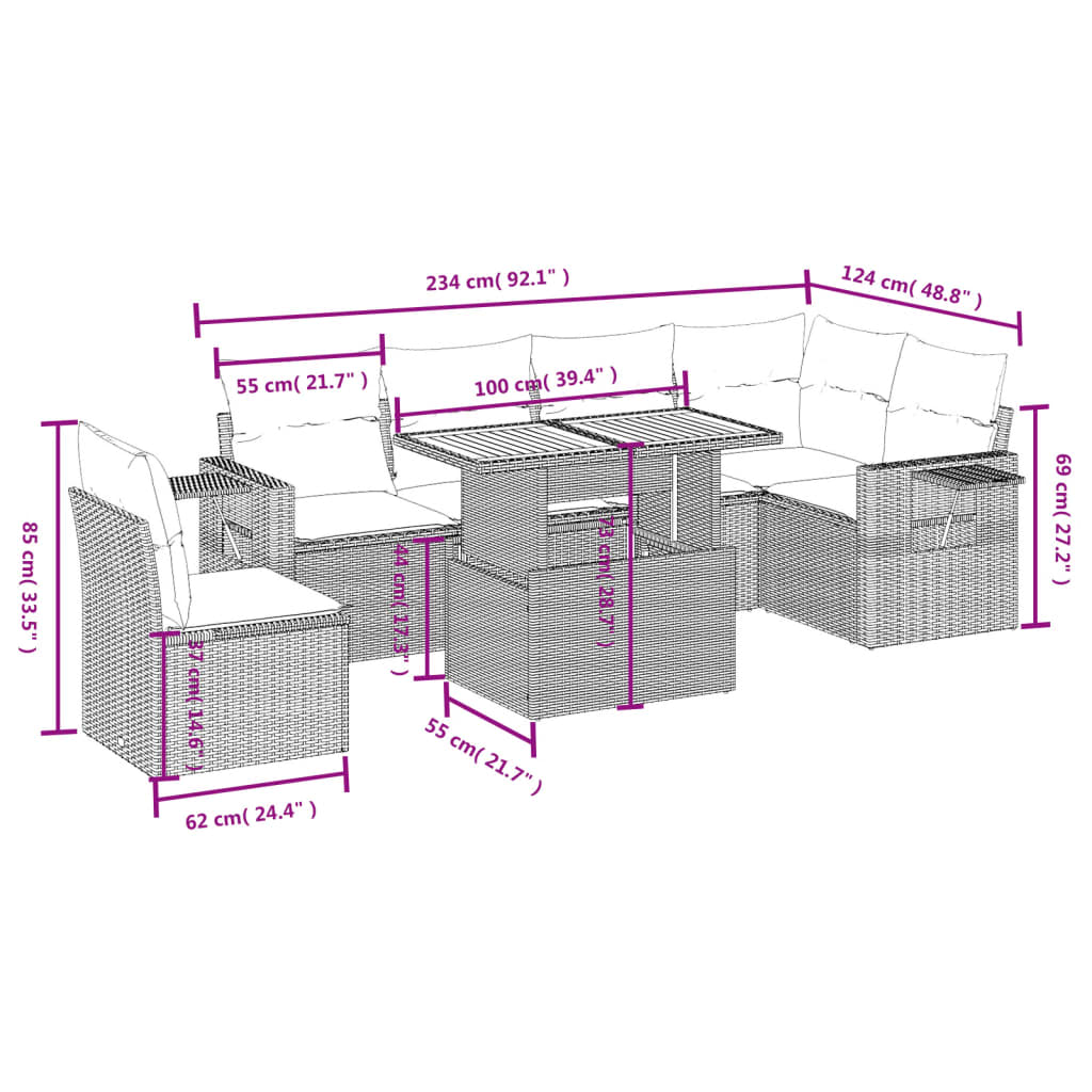 Set de comedor de jardín 7 pzas y cojines ratán sintético negro - Vetonek