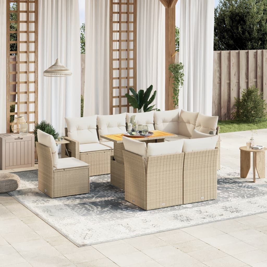 Vetonek Set de sofás de jardín 9 pzas con cojines ratán sintético beige