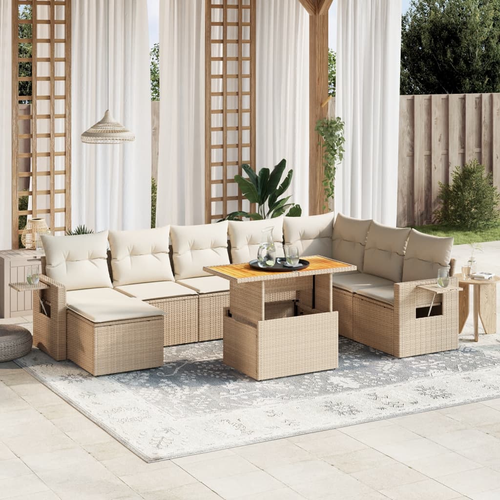 Vetonek Set de sofás de jardín 9 pzas con cojines ratán sintético beige